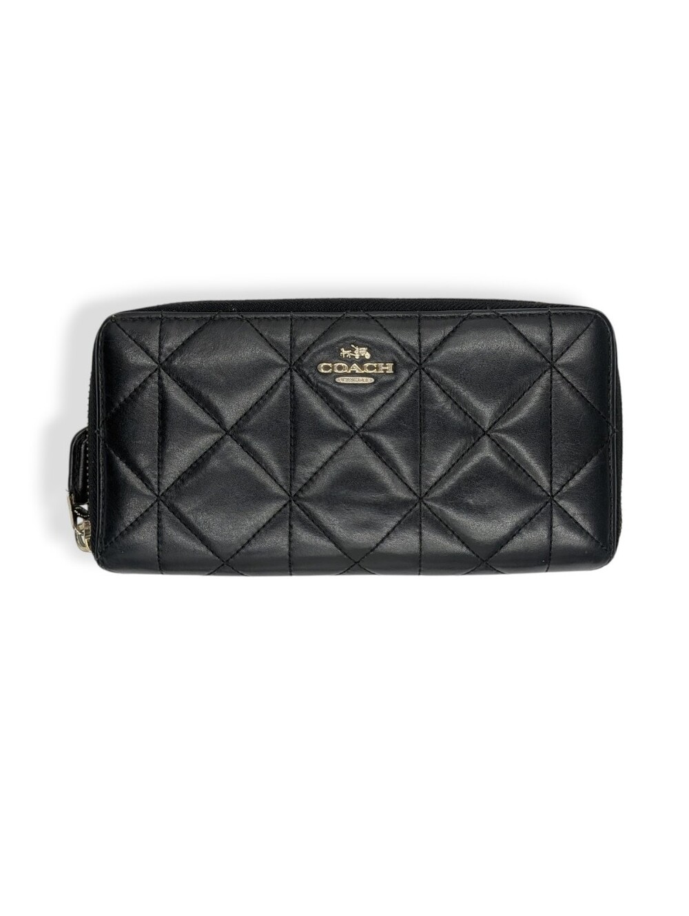 Coach Wallet Black Quilted Smooth Leather Zip Around Gold Logo Organizer F55672